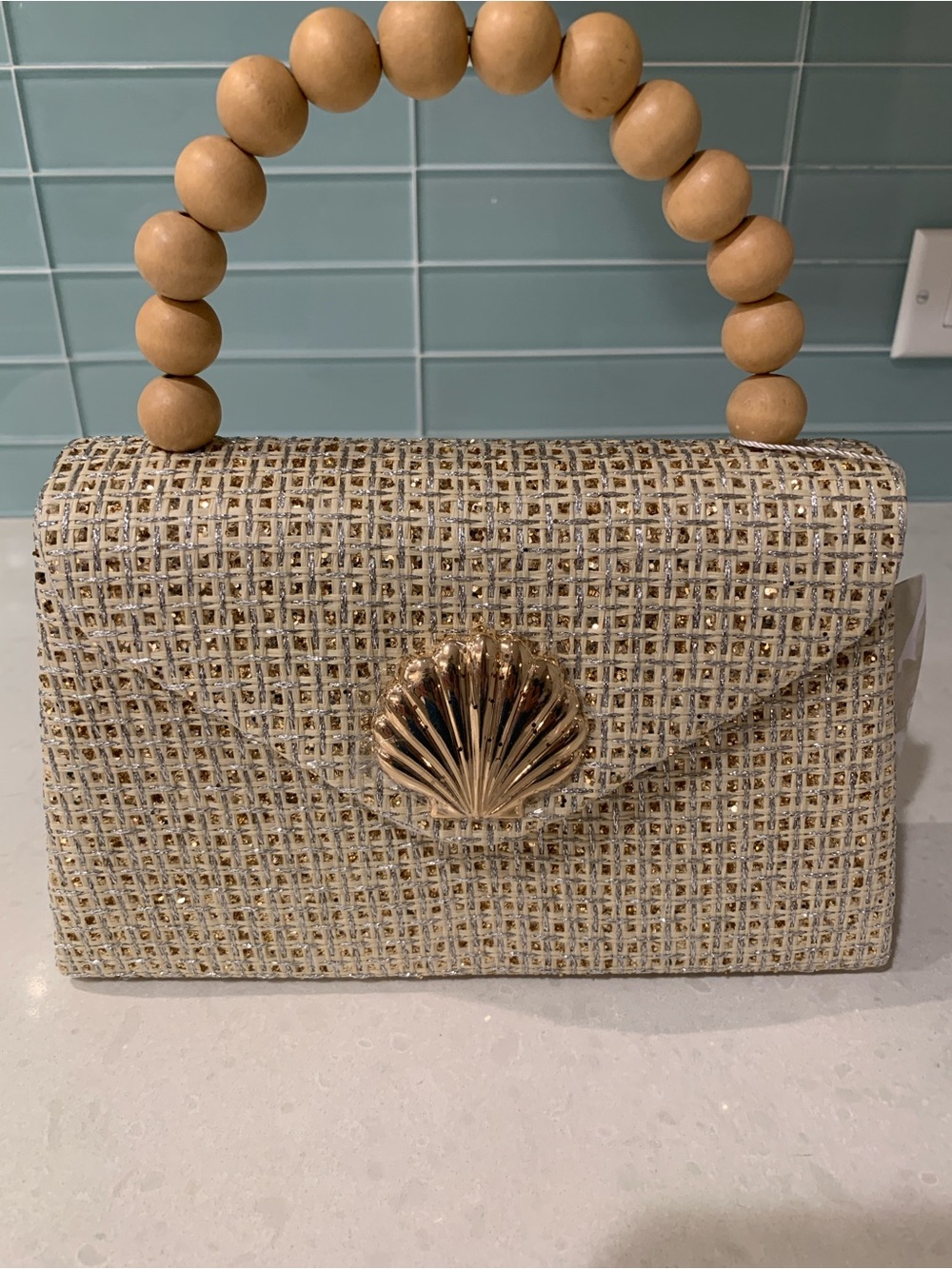 Tommy Bahama Metallic Tweed Gold Shell Chain Crossbody Beaded Handle NWT
